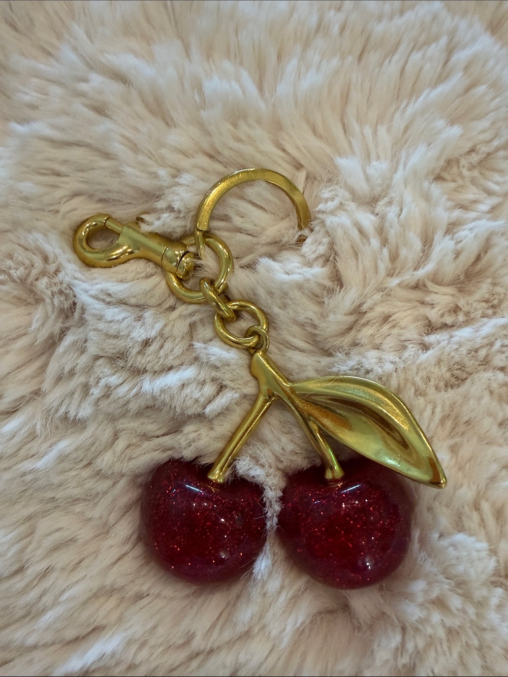 Cute Red Glitter Cherry Bag Charm & Keychain Gold-Tone Hardware Purse Accesso